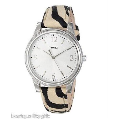 Timex Beige Black Zebra Pattern Leather Band Silver WATCH-T2P117