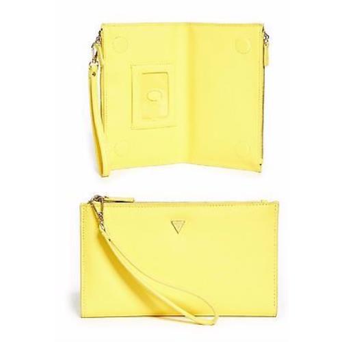 Guess Ashlyn Yellow Saffiano Leather 2 Gold Zippers Wristlet Clutch Wallet