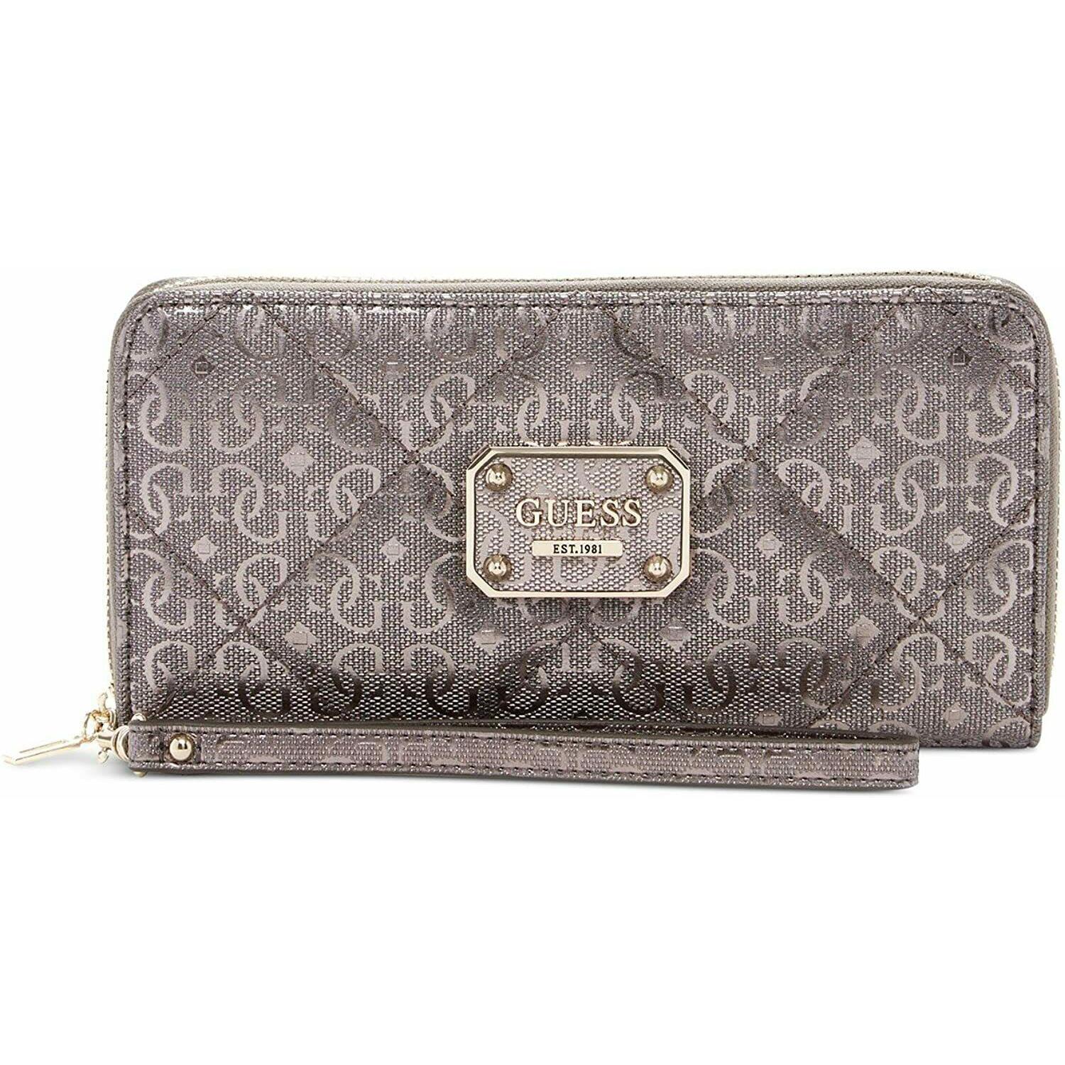 Guess Ophelia Glossy Patent Quilted Silver Logo Zip-around Wristlet Wallet