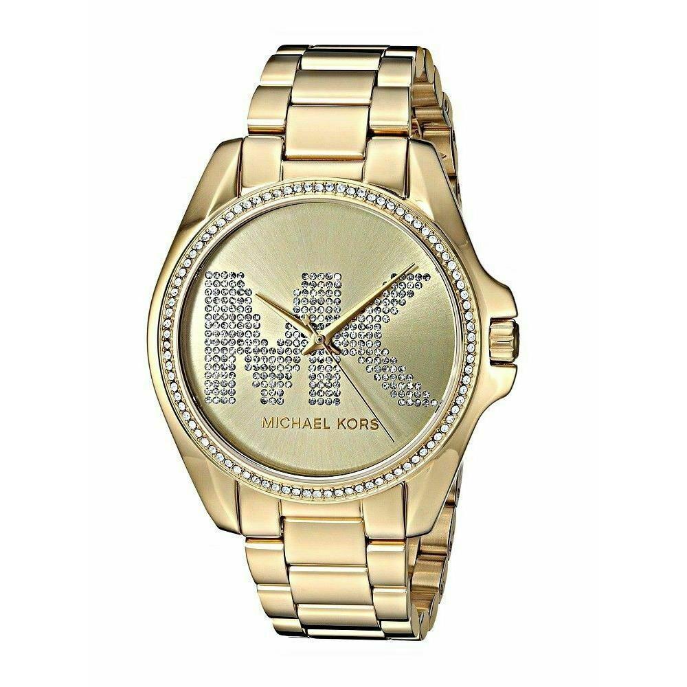 Michael Kors Bradshaw Gold Tone MK Pave Crystals Logo Bracelet Watch MK6555