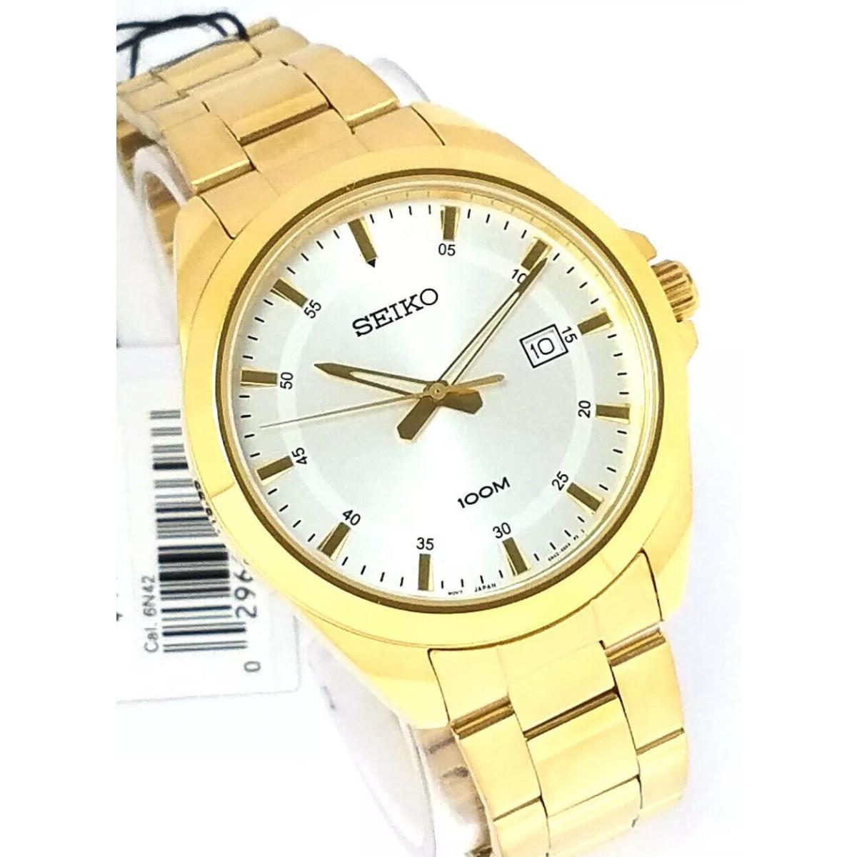 Seiko Mens 3 Hand Quartz Watch SUR212 Gold Tone Bracelet Date Display w Box