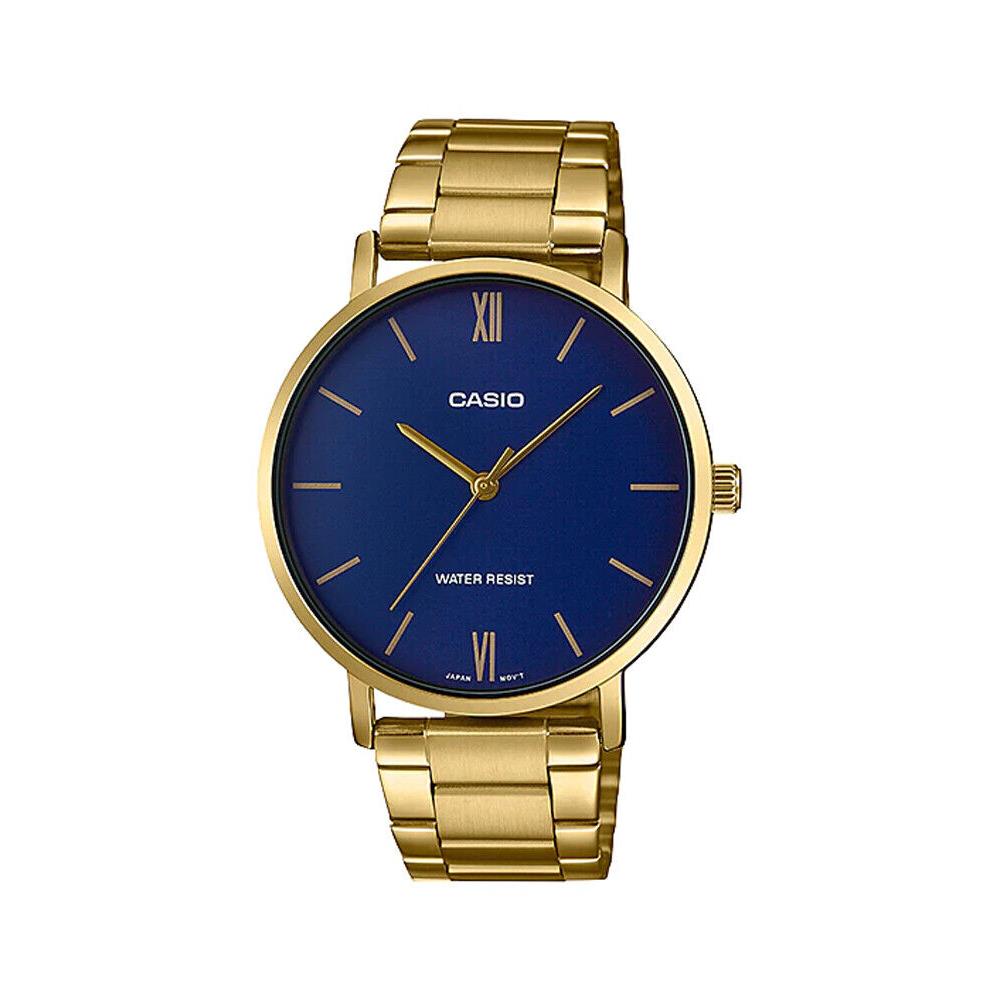 Casio MTP-VT01G-2B Men`s Gold Tone Minimalistic Blue Dial 3-Hand Analog Watch