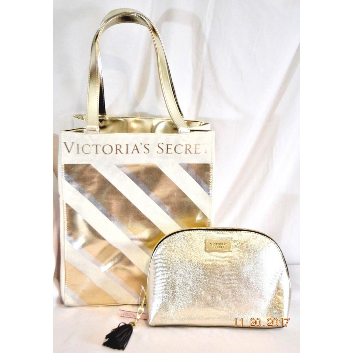 Victorias Secret Stunning Gold Foil Bling Carry All Tote Beauty Bag Set