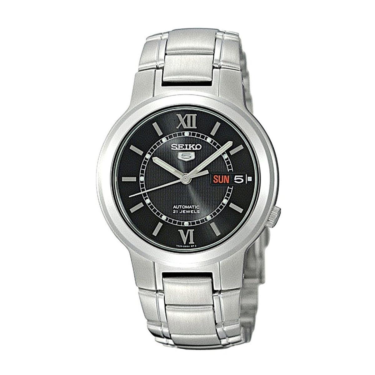 Seiko 5 SNKA23 Men`s Stainless Steel Black Roman Dial Day Date Automatic Watch