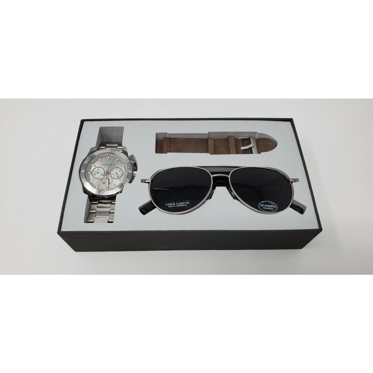 Vince Camuto VC/1147GYSVST Chronograph Stainless Steel Men`s Watch Sunglass Set