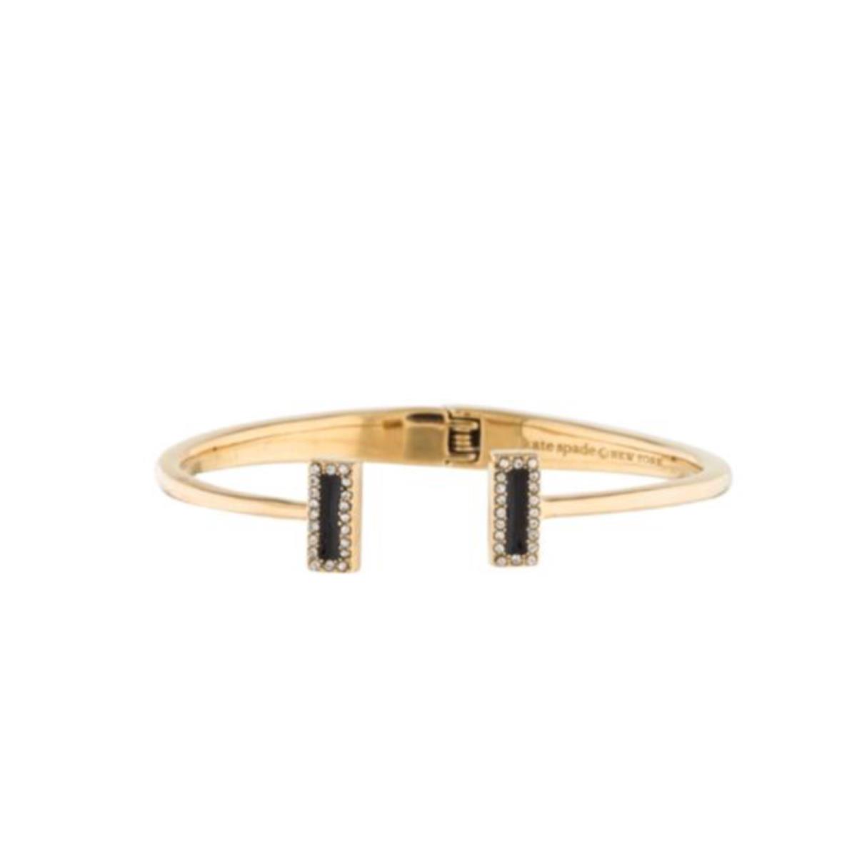 Kate Spade Raising The Bar Yellow Gold Black Enamel Cuff Bracelet Crystal Pave