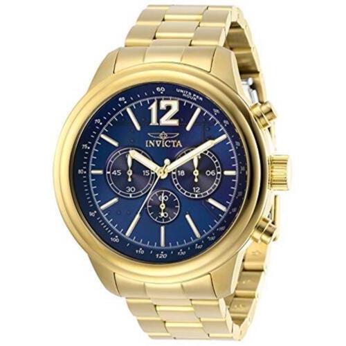 Invicta Aviator Quartz Chronograph Blue Dial Gold Tone Strap Men`s Watch 28896 - Dial: Blue, Band: Gold
