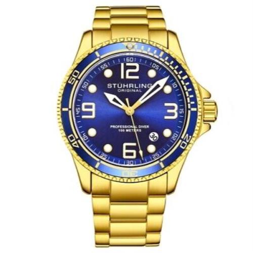 Stuhrling 3930 8 Aquadiver Date Blue Dial Stainless Steel Bracelet Mens Watch - Blue Dial, Gold Band
