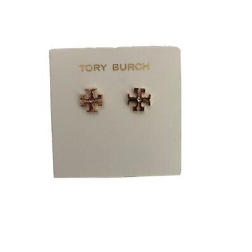 Tory Burch Logo Rose Gold Stud Earrings with Earring Card Pouch