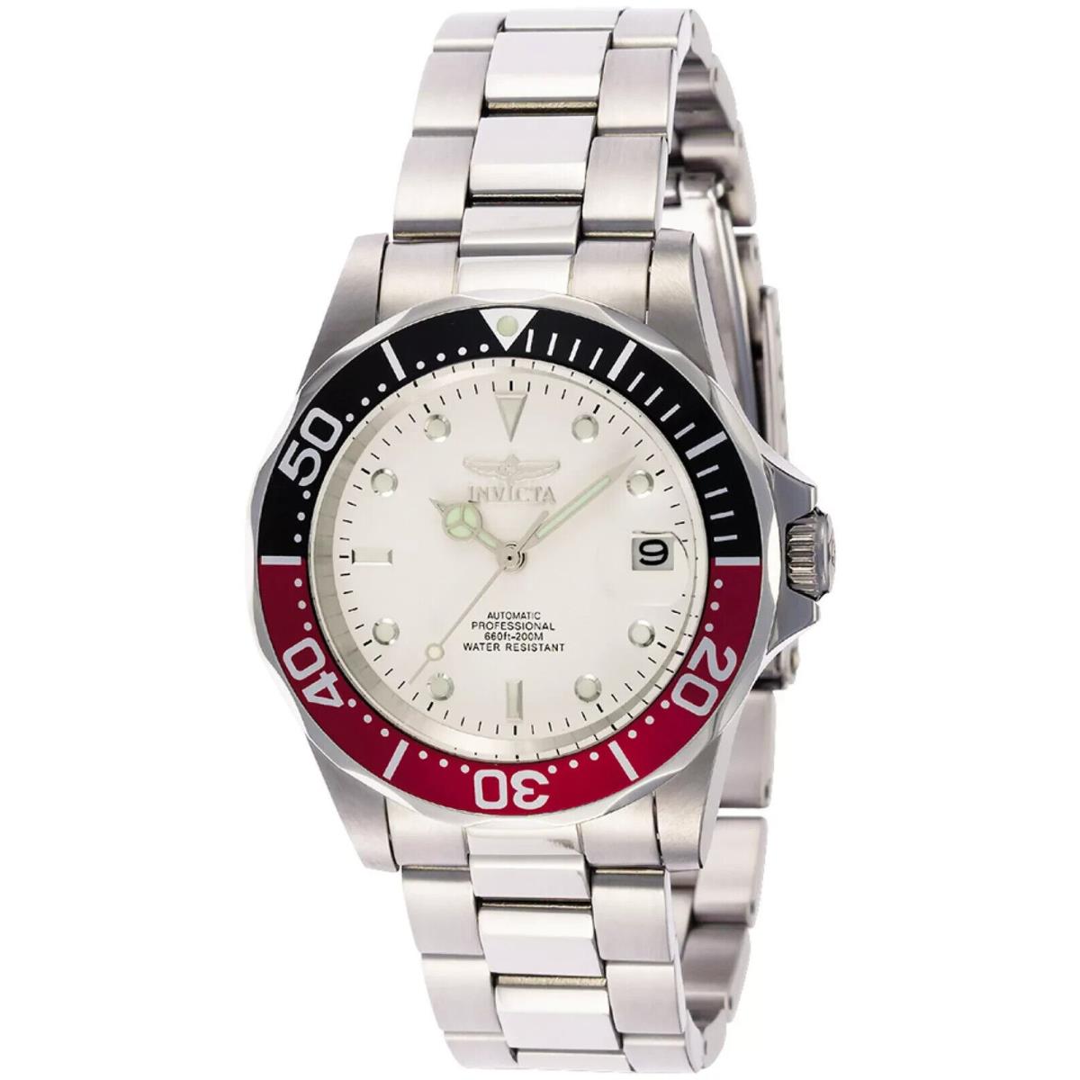 Invicta Pro Diver White Dial Silver Tone Automatic/mechanical Men`s Watch- 9404 - Dial: White, Band: Silver, Bezel: Black, Red