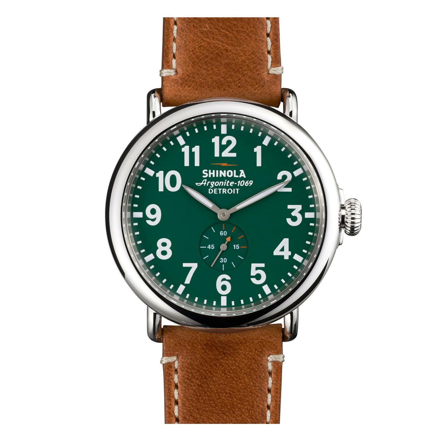 Shinola Runwell 47mm Green Dial Men`s Leather Strap Watch S0110000038