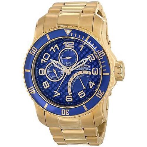 Invicta 15342 Pro Diver 18K Gold Plated SS Blue Textured Dial Men`s Watch - Blue Dial, Yellow Gold Band