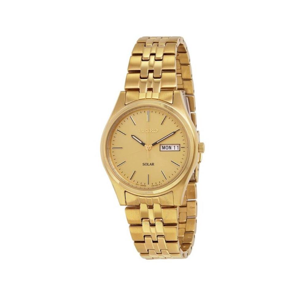 Seiko SNE036 Essentials Gold Tone 37mm Stainless Steel Day Date Solar Mens Watch