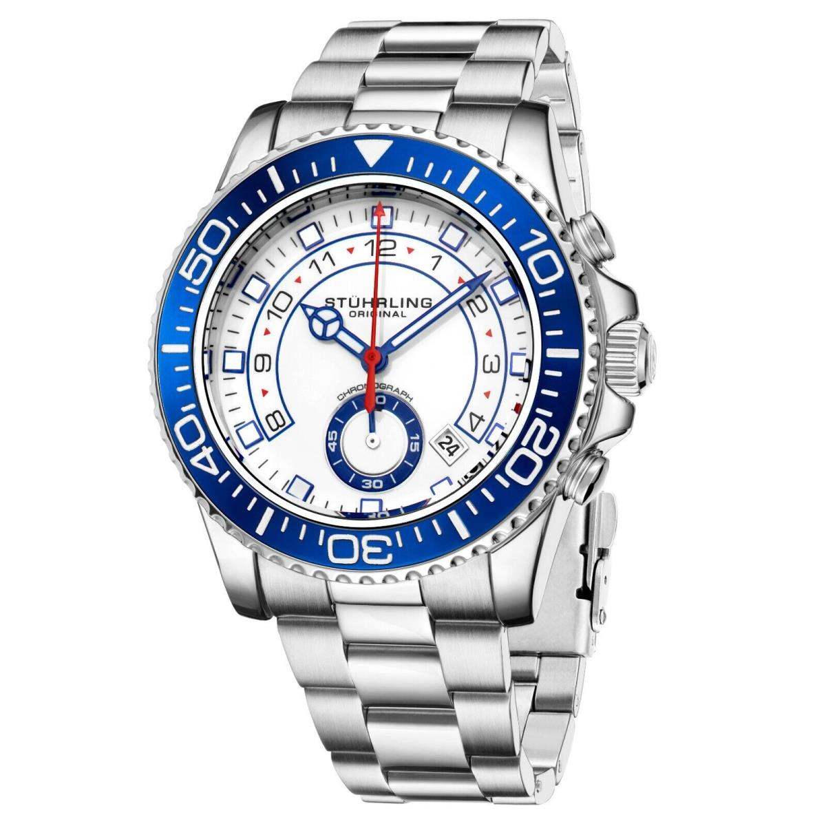 Stuhrling Men`s Chronograph Diver White Dial Blue Bezel Silver Bracelet Watch