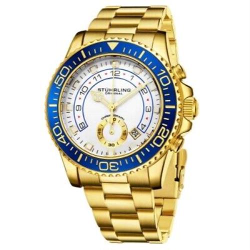 Stuhrling 3966 4 Aquadiver Quartz Chronograph Date Blue Mens Watch - White Face, Gold Dial, Gold Band