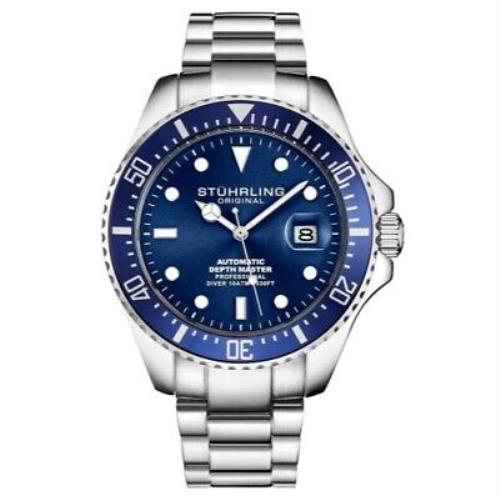 Stuhrling 3940 2 Aquadiver Depthmaster Automatic Date Blue Dial Mens Watch - Blue Dial, Silver Band