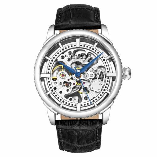Stuhrling 3933 1 Winchester Automatic Skeleton Black Leather Strap Mens Watch - Silver Dial, Black Band