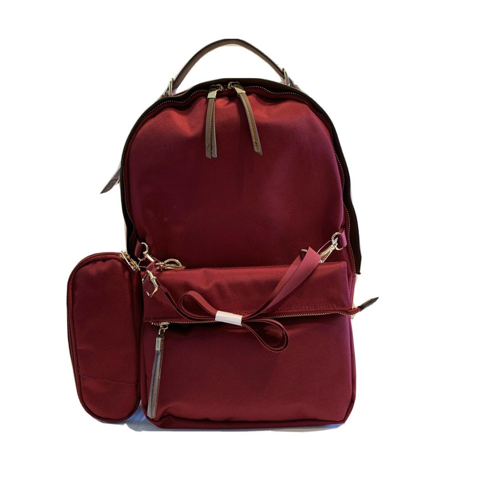 Tommy Bahama 3 PC Set Backpack Book Bag Maroon Burgundy Leather Handle and Trim