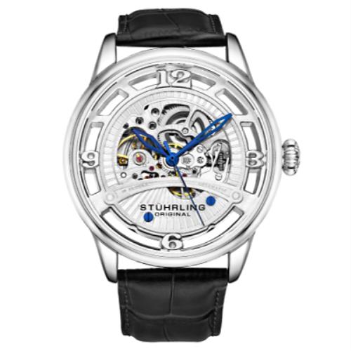 Stuhrling 3974 1 Legacy Automatic Skeleton Black Leather Strap Mens Watch - Silver Dial, Black Band