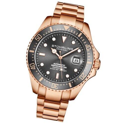 Stuhrling 3940 5 Aquadiver Depthmaster Automatic Date Grey Dial Mens Watch - Dial: Gray, Band: Rose Gold