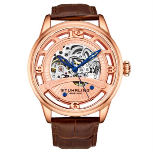 Stuhrling 3974 3 Legacy Automatic Skeleton Brown Leather Strap Mens Watch - Rose Gold Dial, Brown Band