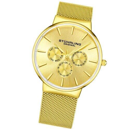 Stuhrling 3931 3 Monaco Day Date Multi Function Mesh Bracelet Mens Watch