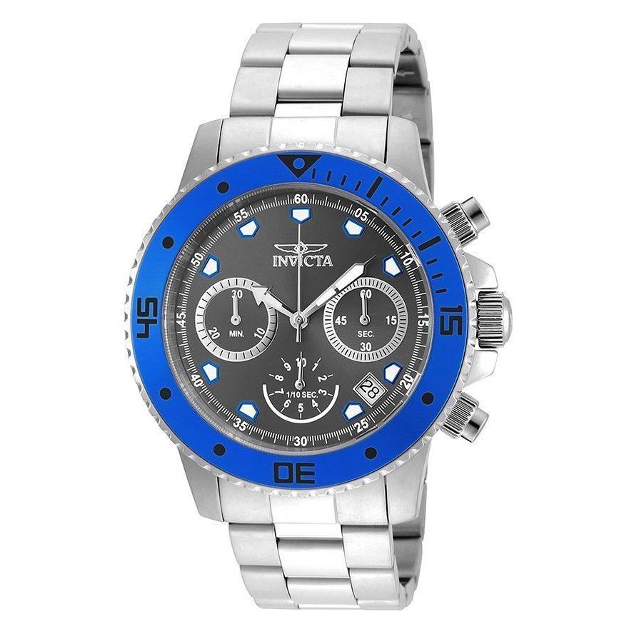 Invicta 21886 Pro Diver Chronograph Grey Dial Blue Bezel S/s Bracelet Mens Watch