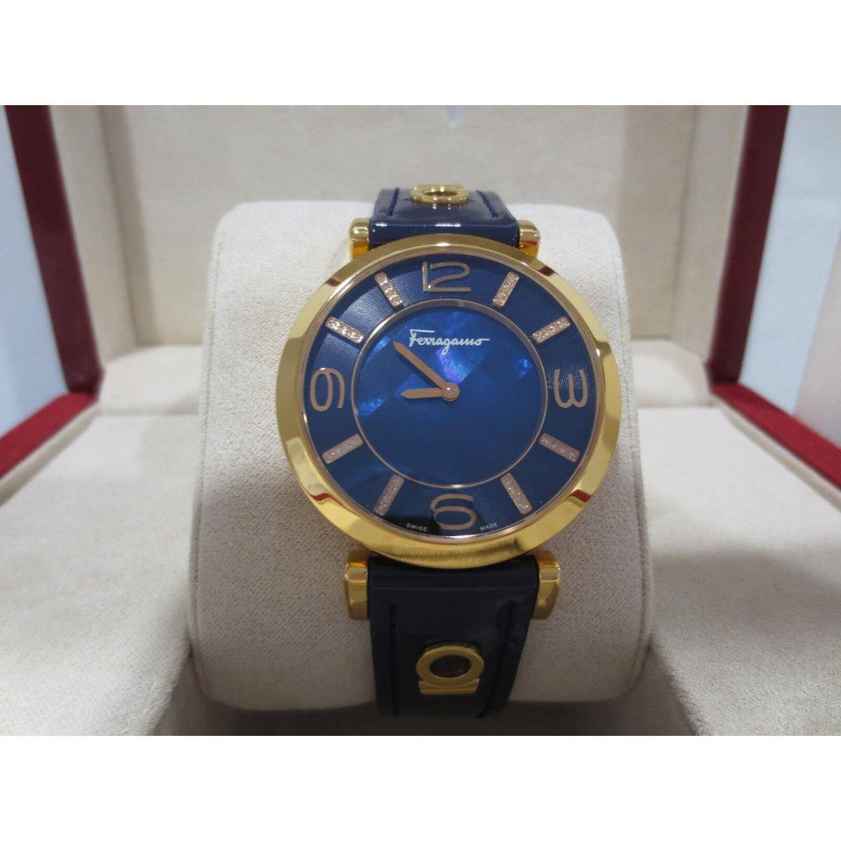 Ferragamo Women`s FG3040014 Gancino Deco 32 Diamonds Gold IP Blue Leather Watch