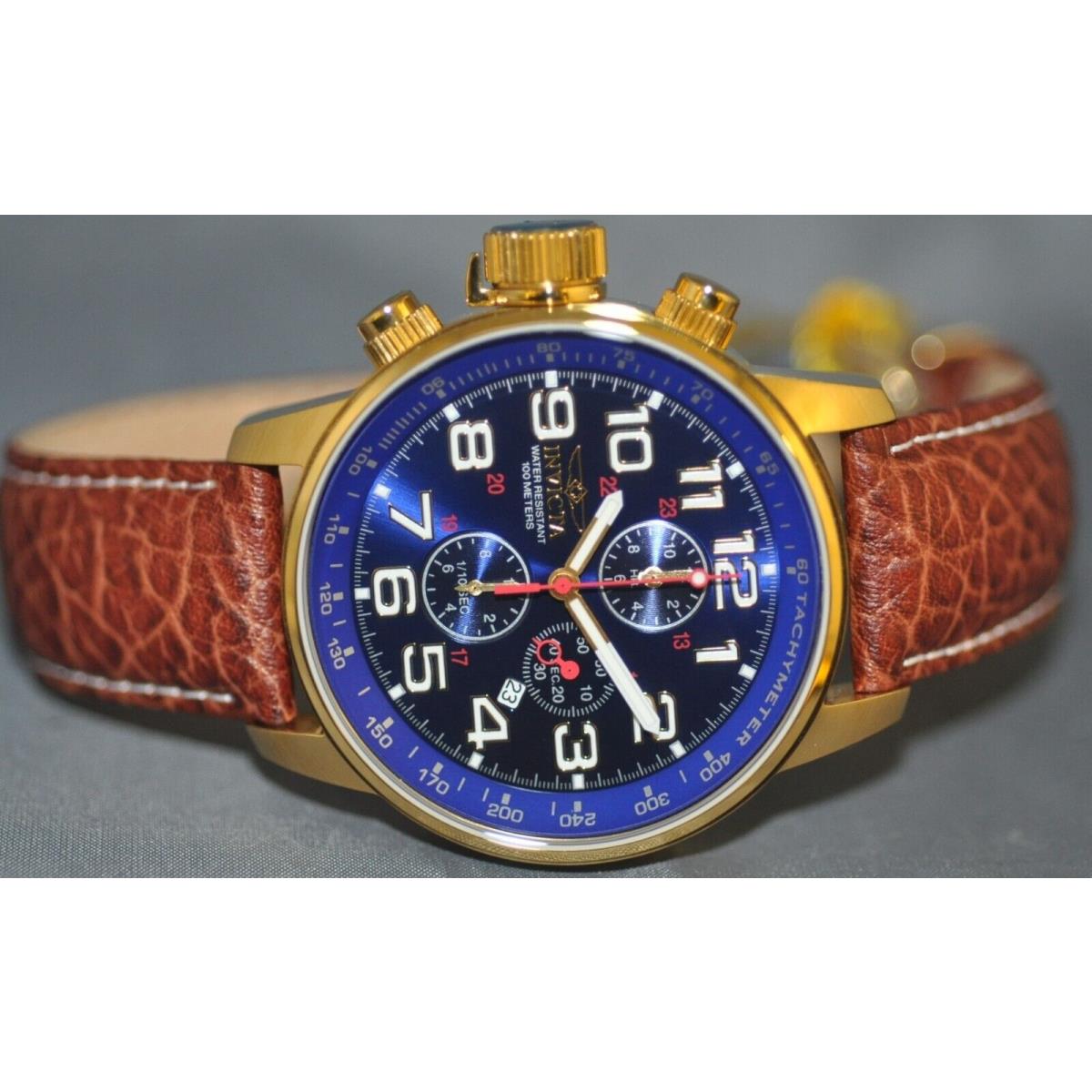 Invicta Men`s I-force Lefty Chrono Blue Dial Brown Leather Watch 3329 - Dial: Blue, Band: Brown, Bezel: Gold