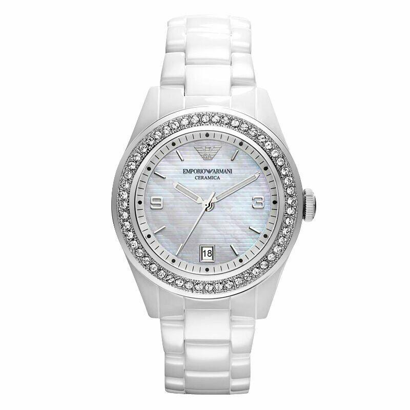 Emporio Armani Ladies AR1426 White Ceramic Quartz Mother of Pearl Dial Watch
