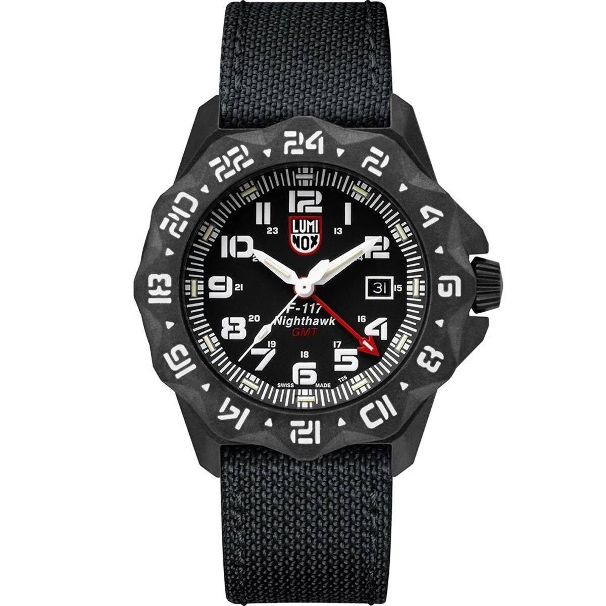 Luminox F-117 Nighthawk Men`s Watch Gmt Rotating Bezel Black Case Strap 6441