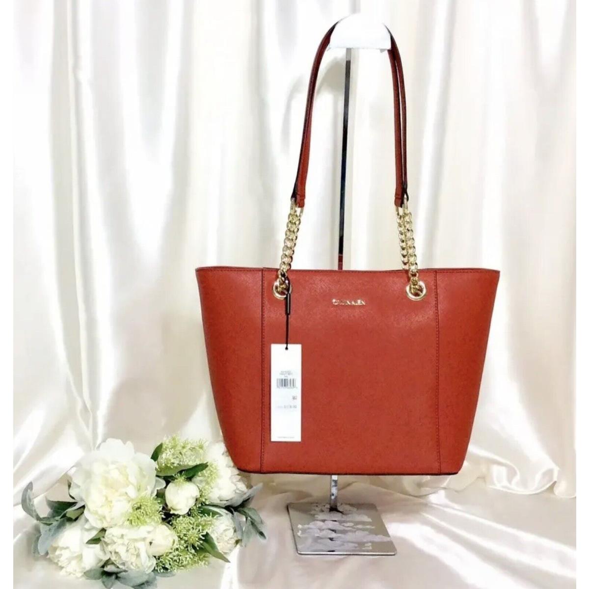 Calvin Klein Hayden Saffiano Leather Large Tote Burnt Orange/gold