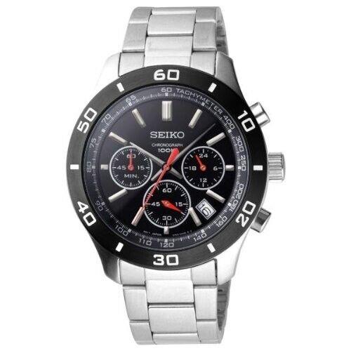 Seiko Man`s Chronograph Stainless Steel Watch Black Dial SSB053P1