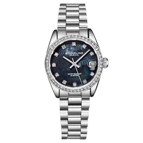 Stuhrling 3936 3 Quartz Date Crystal Accented Bracelet Womens Watch