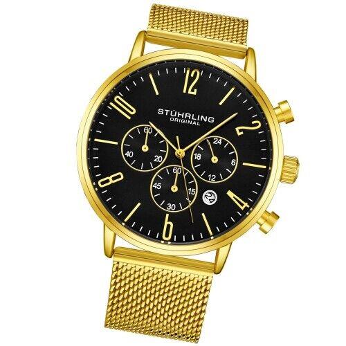 Stuhrling 3932 3 Monaco Date Black Dial Chronograph Mesh Bracelet Mens Watch