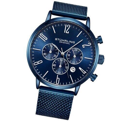 Stuhrling 3932 5 Monaco Date Chronograph Mesh Bracelet Mens Watch - Dial: Blue, Band: Blue