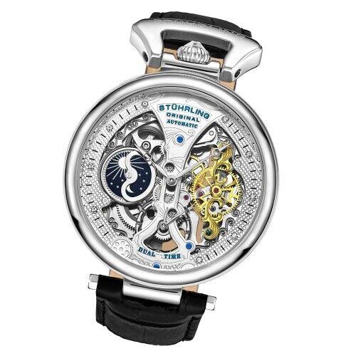 Stuhrling 3920 1 Legacy Automatic Skeleton Dual Time Black Leather Mens Watch