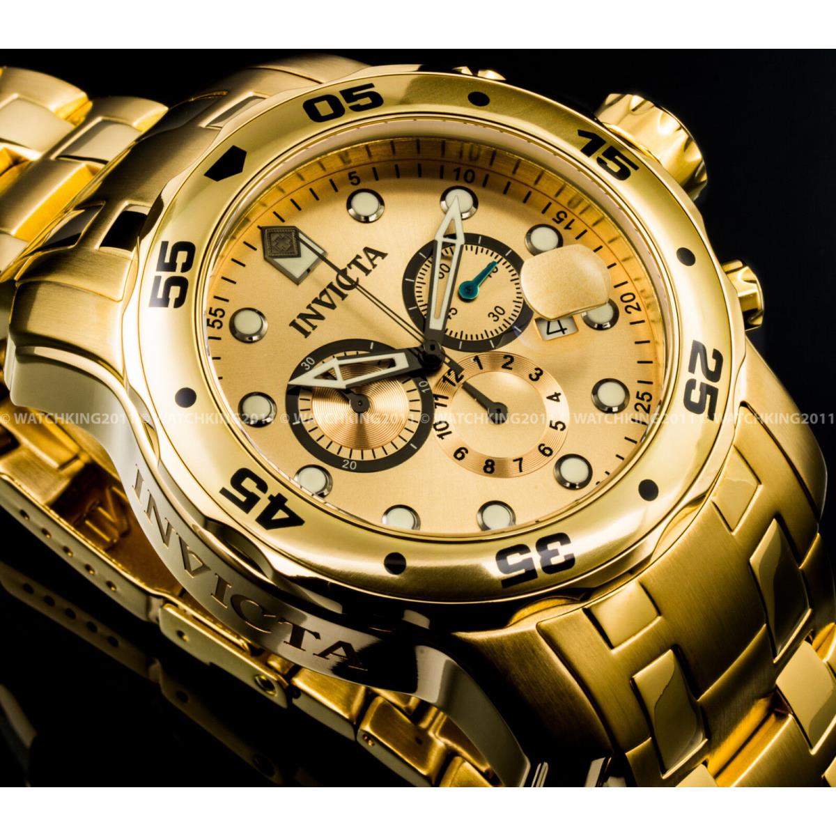 Invicta Pro Diver Scuba 18K Gold Plated Gold Dial Chrono S.s Bracelet Watch - Dial: Gold, Band: Gold, Bezel: Gold