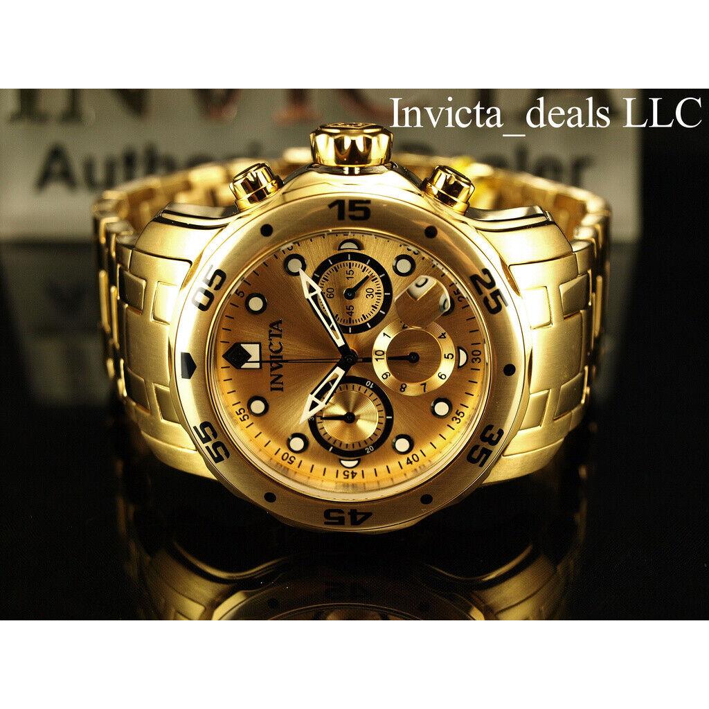 Invicta Men`s 48mm Pro Diver Scuba Chronograph Gold Dial 18K Gold Plated Watch - Dial: Gold, Band: Yellow Gold, Bezel: Gold