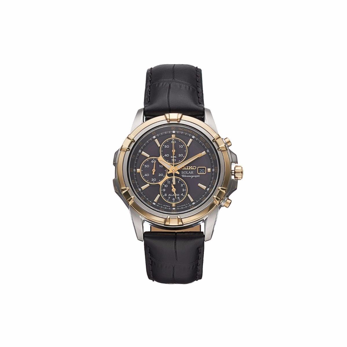 Seiko Silver+gold 2 Tone Black Croc Leather Band Chrono. Solar Watch SSC456 - Dial: Yellow Gold, Black, Band: Black, Silver