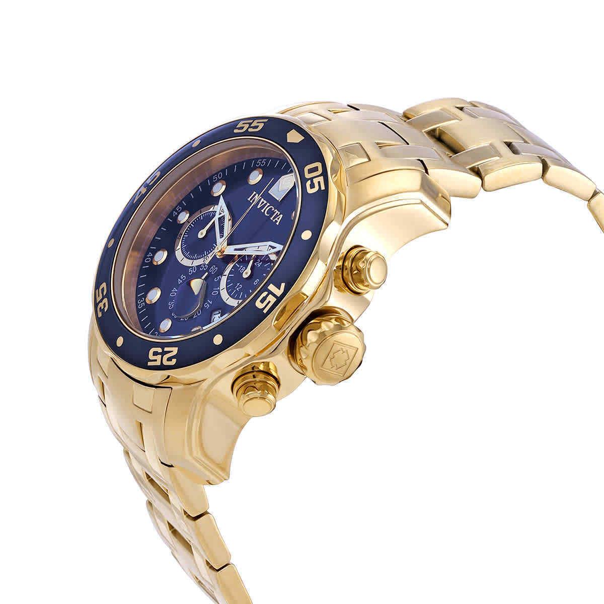 Invicta Pro Diver Chronograph Blue Dial 18kt Gold-plated Men`s Watch 0073 - Dial: Blue, Band: Gold, Bezel: Gold, Blue