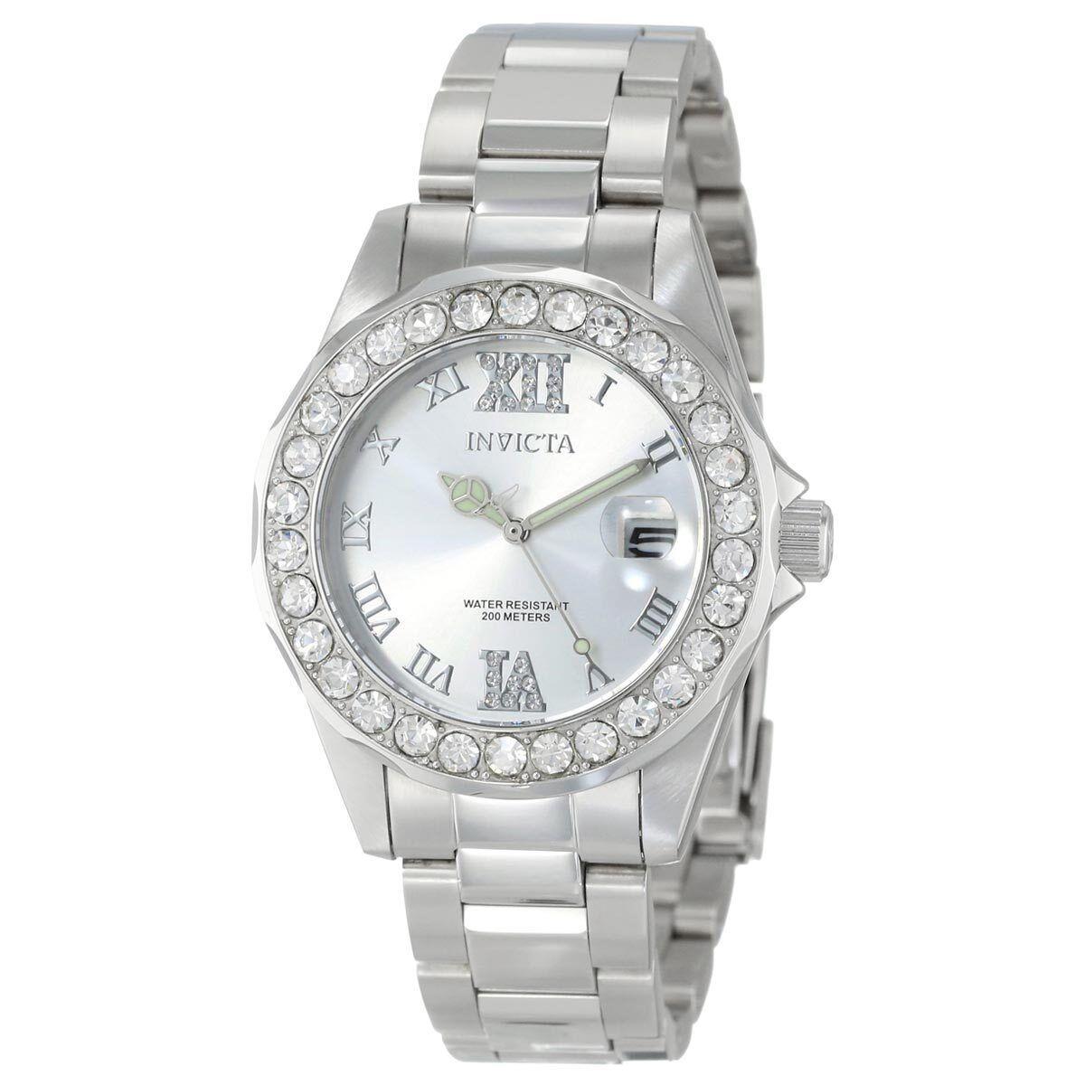 Invicta Women`s Watch Pro Diver Crystal Bezel Silver Tone Dial Bracelet 15251