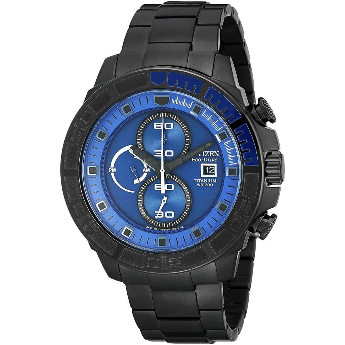 Citizen Brycen Eco-drive CA0525-50L Black Titanium Blue Chrono Dial Mens Watch