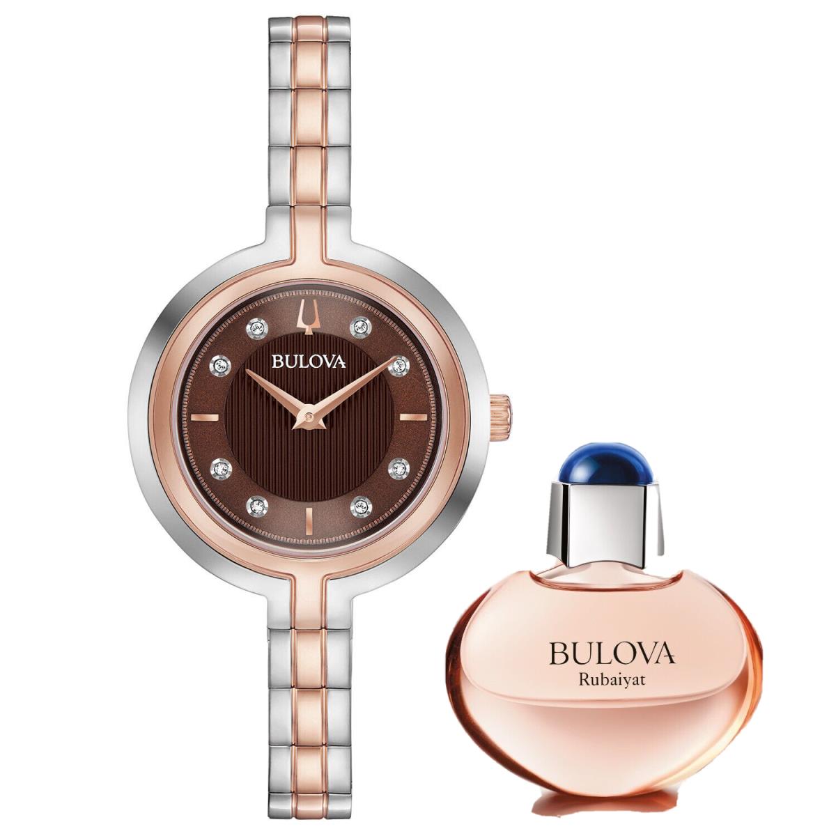 Bulova Rhapsody Women`s Quartz Diamonds Watch with Perfume Box Set 30mm 98P194 - Dial: Brown, Band: Gold, Bezel: Rose Gold