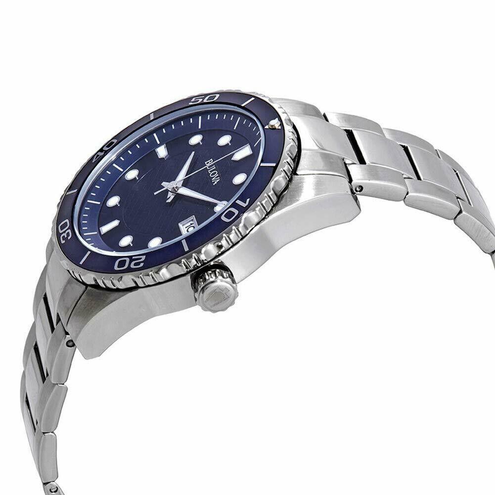 Bulova Men`s Blue Dial Rotaing Blue Bezel Silver Watch 98A194