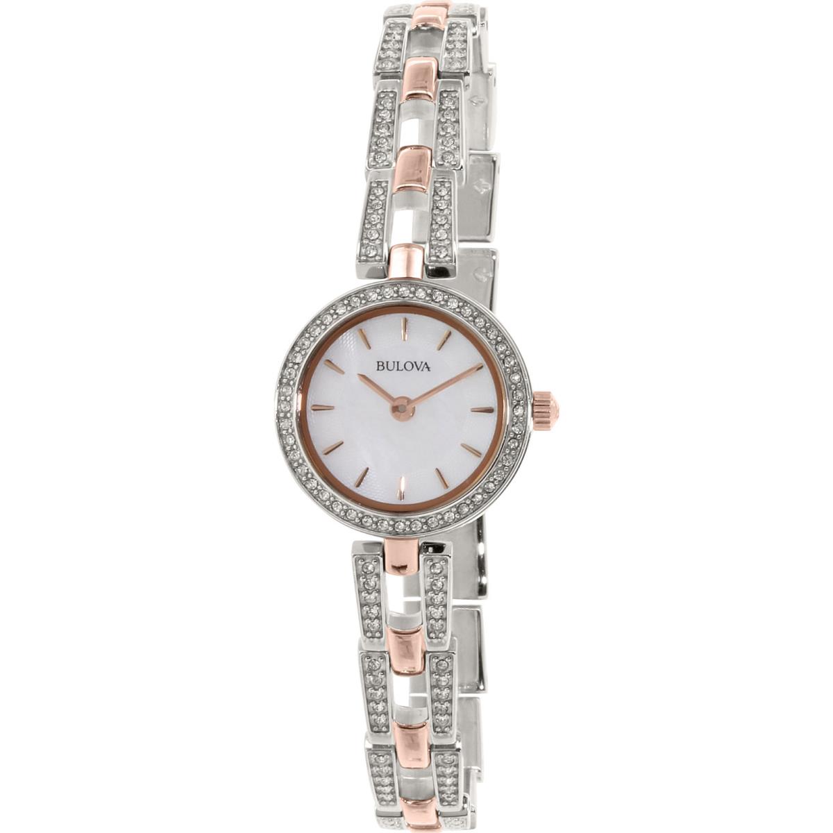 Bulova Women`s Silver Rose Gold Crystal Mini Watch Mother of Pearl Dial 98L212