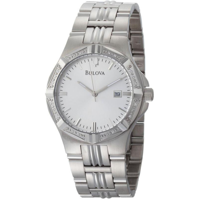 Bulova Men Diamond Case Silver Dial Brcelt Watch 96E107