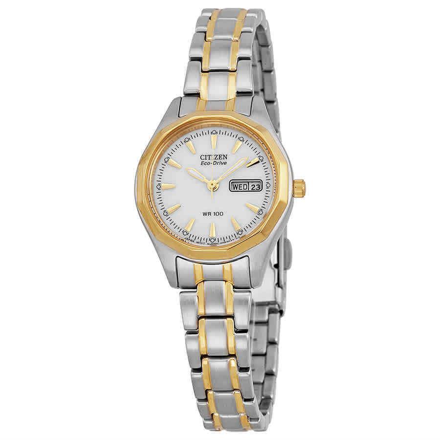 Citizen Eco-drive Sport White Dial Two-tone Ladies Watch EW3144-51A - Dial: White, Band: Gold, Bezel: Silver-tone