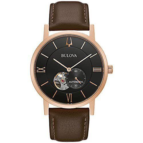 Bulova Men`s Steel Automatic Watch with Leather Strap Brown 22 97A155