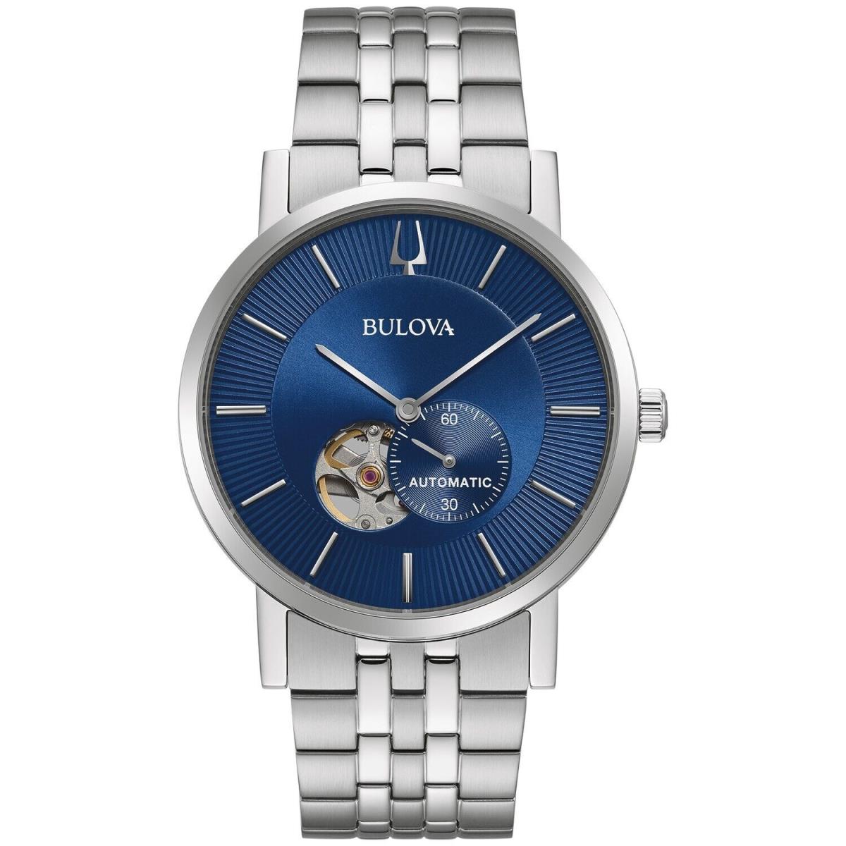 Bulova Mens Classic Automatic Skeleton Silver Stainless Steel Watch 42 MM 96A247 - Dial: Blue, Band: Silver, Bezel: Silver